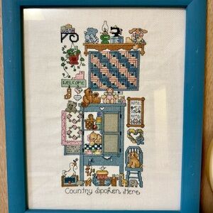 Vintage Framed Country Cross Stitch Wall Art in Blue Frame